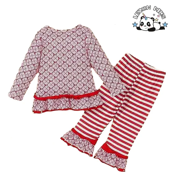 LEZONKIDS - Customizable Hot Sale Christmas Deer Outfit Long Sleeve Ruffle Top Fall Clothes Striped Flare Pants Set for Girls